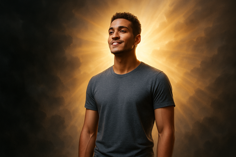 God still works in the midst of darkness and have a young man wearing a nice t-shirt that is trendy